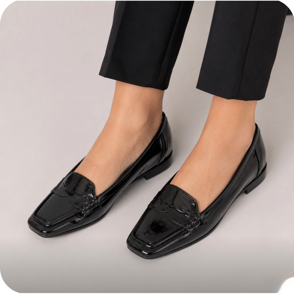 Adrienne Vittadini Black Patent Leather Square Toe Penny Loafers Flats Mens 8.5